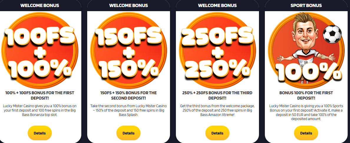 Welcome bonus offering 150 free spins and 150% match for the second deposit at Lucky Mister Casino.